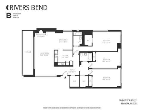 A black and white image of a floor plan for a property named Rivers Bend.